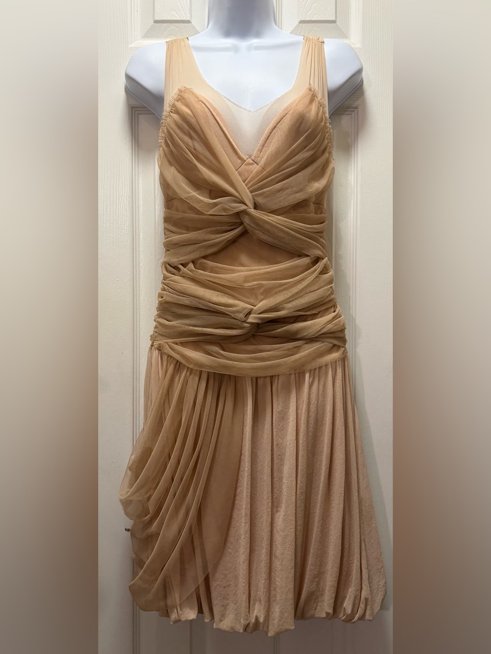 Petit Pois by Vivian G. S Nude Draped Mesh Romantic Mini Dress Bubble Hem EUC